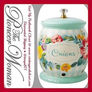 🦋 New Pioneer Woman Sweet Romance Teal Gingham Ceramic Onion Keeper with Lid